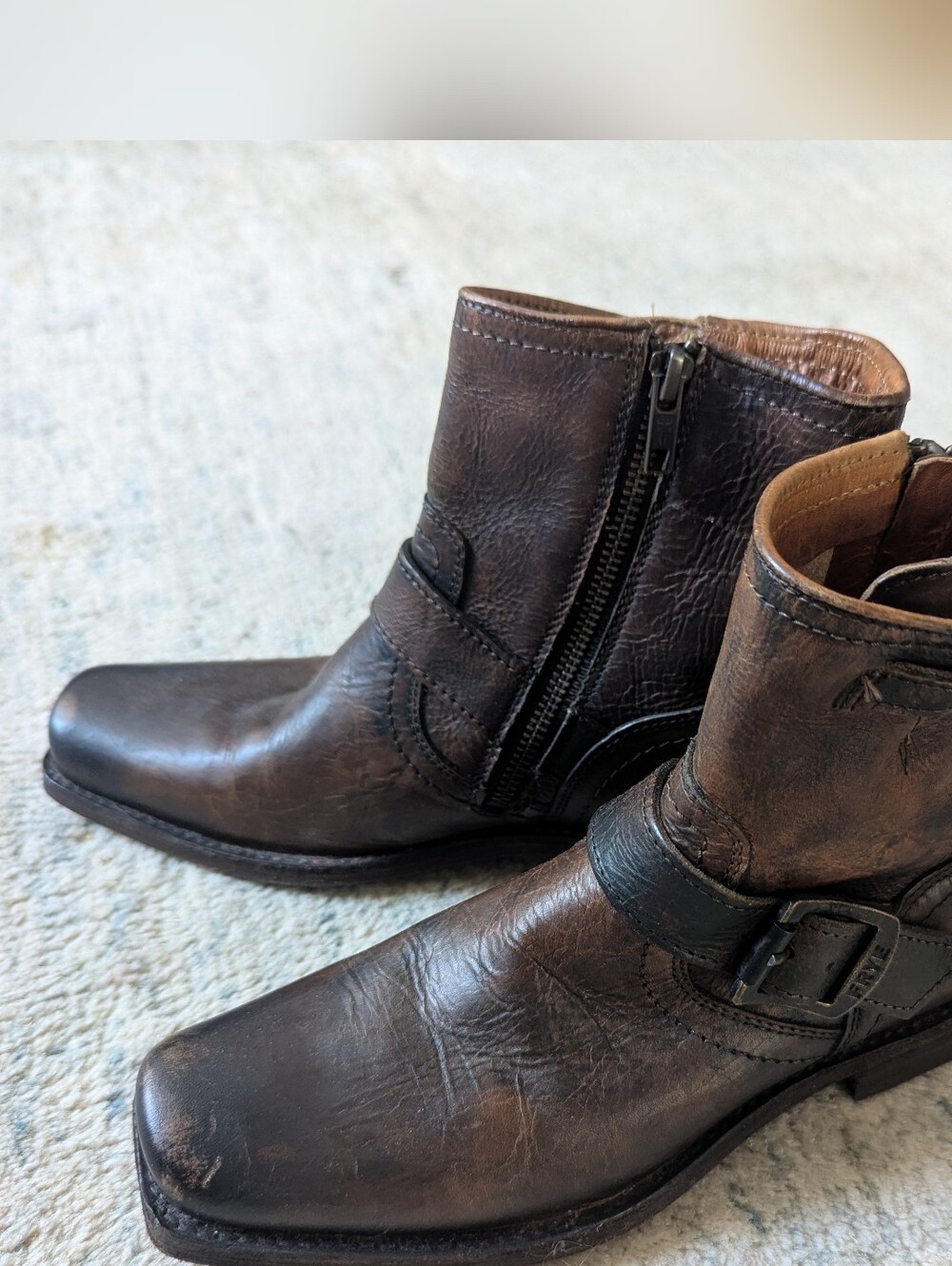 Frye Wmn's Distressed Brown Leather Zip Ankle Boots with Buckles